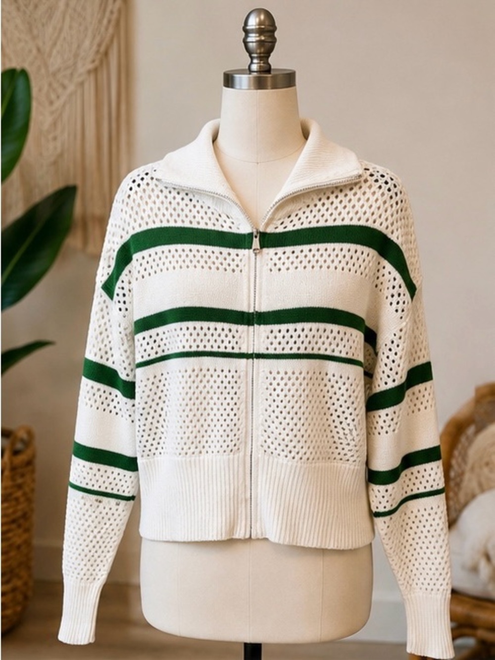 Caroline Constas New York Green & White Open-Knit Zip Sweater – Size Medium